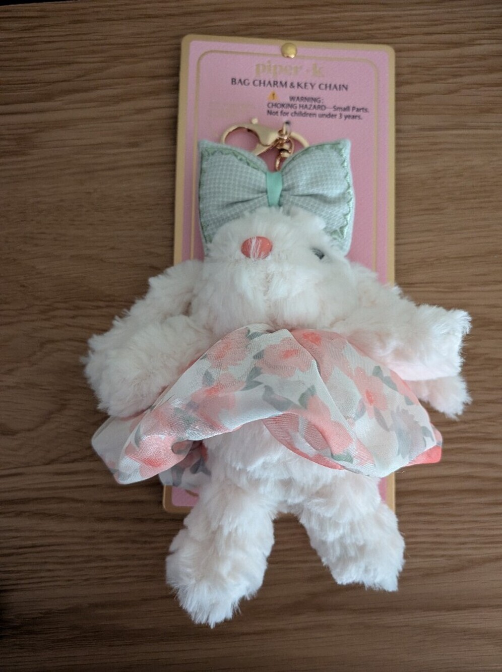 Plush Bunny Bag Charm Key Chain - Cream with Pink Floral Dress